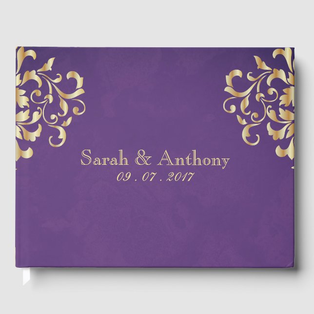 D'or Elegant Gold & Purple Mariage damassé Livre d'invi (Recto)