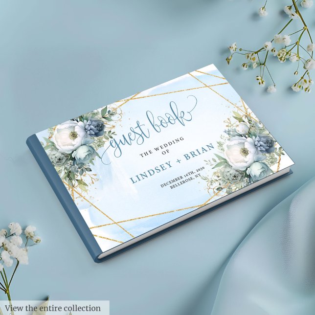 D'or Elégant Pastel Bleu Blanc Or Floral Livre d'hôtes (Elegant Pastel Blue White Gold Floral Guest Book)