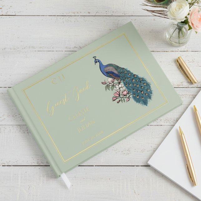 D'or Elegant Sage Peacock Photo Mariage Livre d'invité (Elegant Modern Sage Floral Peacock Wedding Guest Books. Bird, Ornate Teal Feathers, Chic Gold Foil)