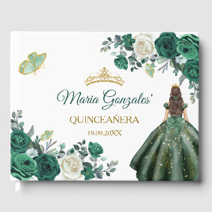 D'or Emerald Green Quinceañera Floral Livre d'invité