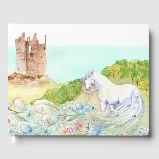 D'or Fairy Tale Castle et Unicorn Mariage livre d'hôtes (Recto)