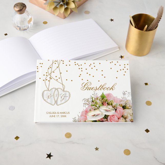 D'or Fleurs florales rose rose - Livre d'invité Mariage (Recto ouvert)