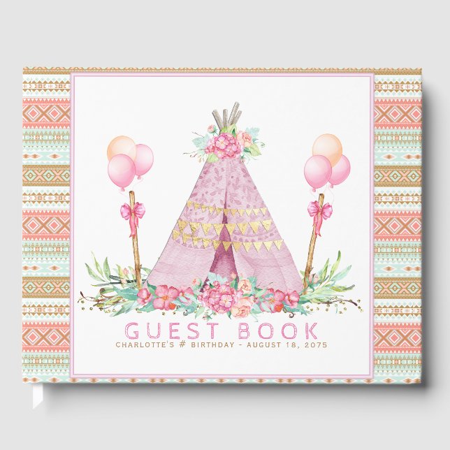 D'or Girls Tribal Teepee Anniversaire Party Livre d'inv (Recto)