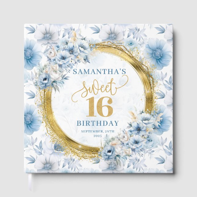 D'or Glam Dusty Blue Sweet 16 Livre d'hôtes avec Partie (Recto)