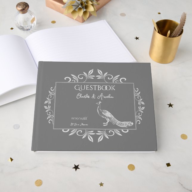 D'or Grey Peacock Flourish Mariage Livre d'invité (Recto ouvert)