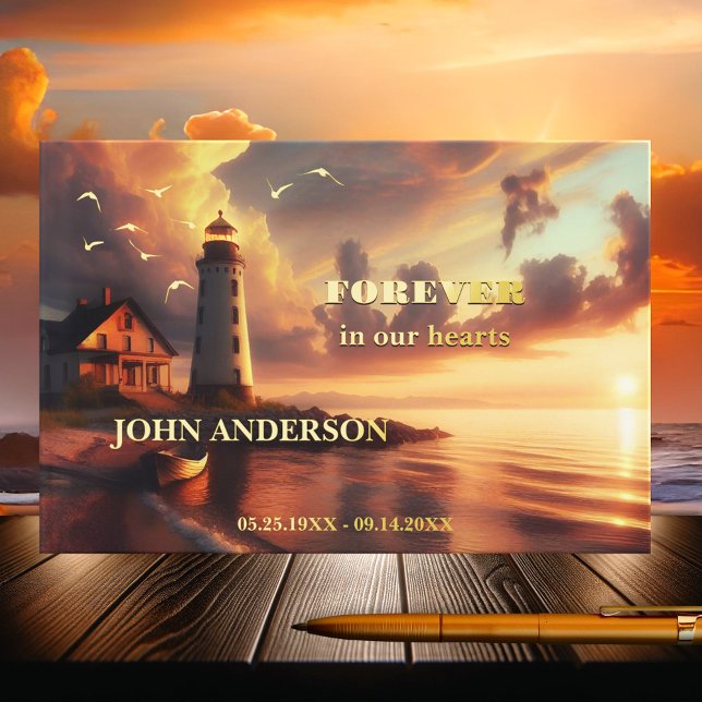D'or Lighthouse Beach Memorial Real Foil Livre d'invité (Memorial guest book featuring a lighthouse on the beach at sunset with real foil seagulls and texts)
