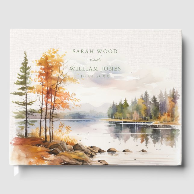 D'or Linge rustique avec lac d'automne Mariage Livre d' (Recto)