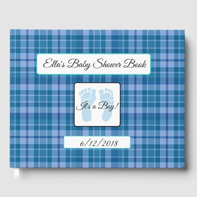 D'or Livre de Baby shower Personnalisé Blue Plaid (Recto)