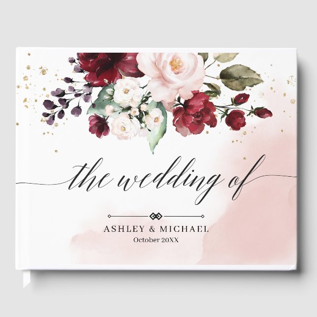 D'or Livre d'hôtes Blush Burgundy et Pink Floral Mariag (Recto)