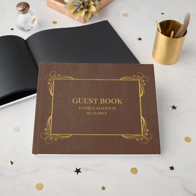 D'or Livre d'hôtes Brown Faux Leather Gold Frame (Recto ouvert)