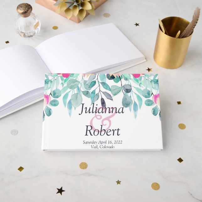 D'or Livre d'hôtes mariage fleuri à ressort rose (Recto ouvert)