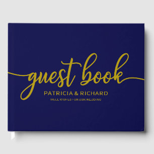 D'or Livre d'hôtes mariage Gold Marine Blue Calligraphy