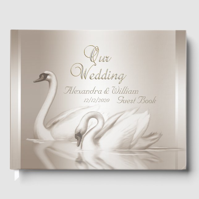 D'or Livre d'hôtes Mariage Swans Damask Cream Blanc (Recto)