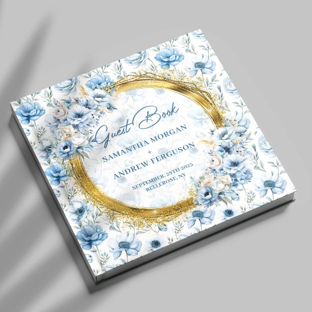 D'or Livre d'hôtes moderne Pastel Blue Gold Parties sci (Modern Pastel Blue Gold Glitter Wedding Guest Book)