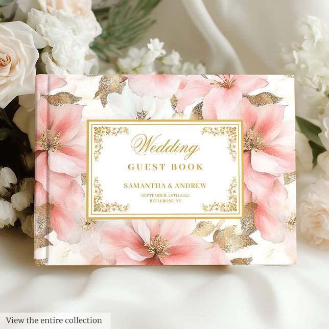 D'or Livre d'invité du mariage Rustic blush ivoire (Rustic blush ivory watercolor wedding guest book)
