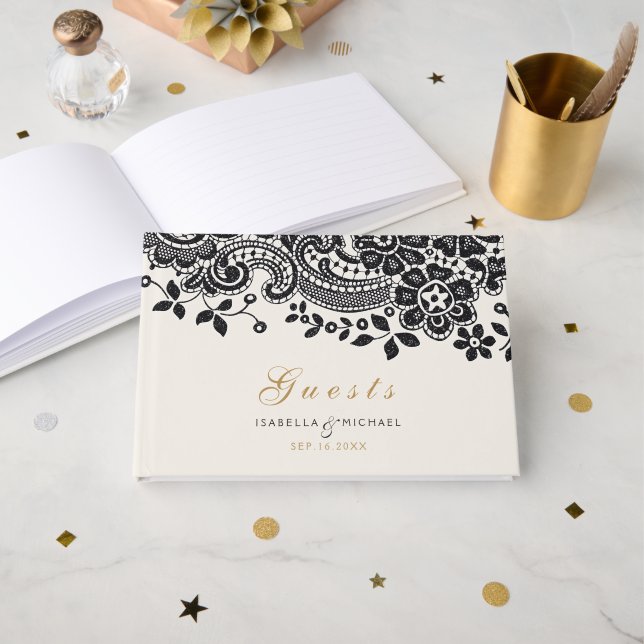 D'or Livre d'invité en dentelle vintage noire (Recto ouvert)