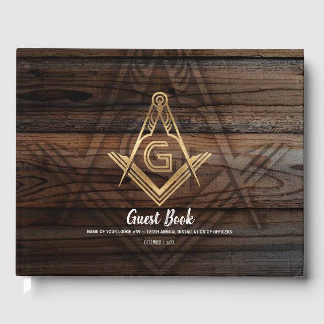 D'or Livre d'invité Gold Rustic Wood Masonic | Freemaso (Recto)