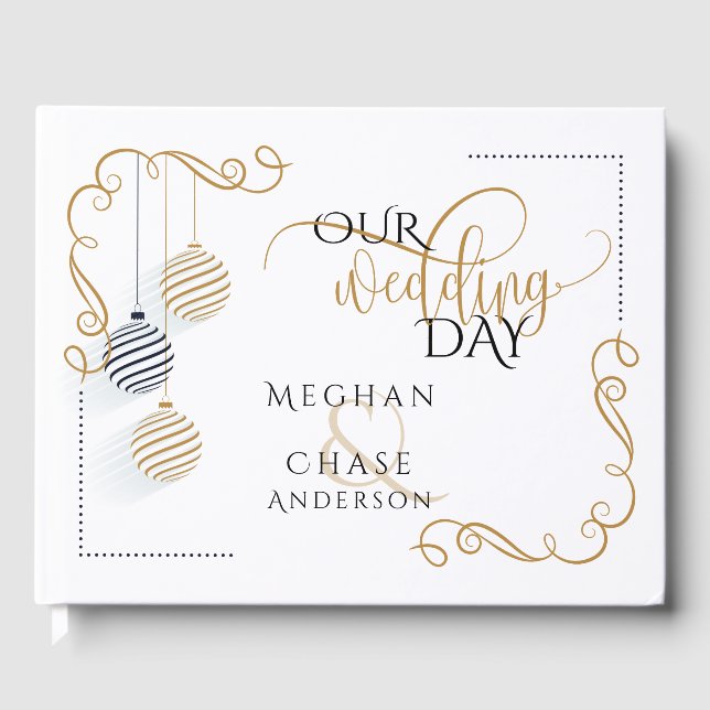 D'or Livre d'invité mariage | Baubles noirs et or moder (Recto)