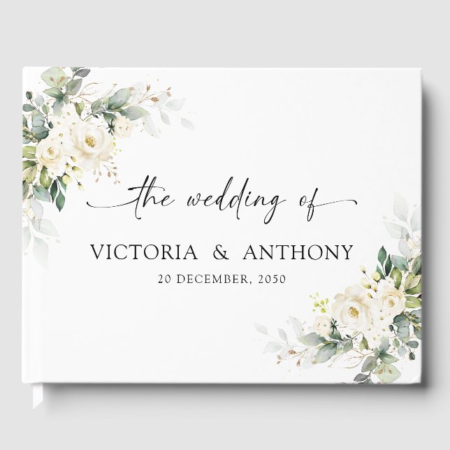 D'or Livre d'invité Mariage Floral Roses Blanches (Recto)