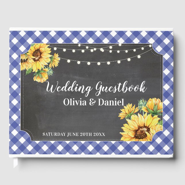 D'or Livre d'invité mariage Floral Sunflower Navy Chalk (Recto)