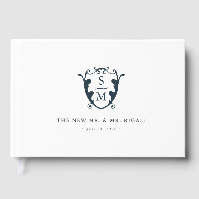D'or Livre d'invité mariage Monogram Crest Navy Blue (Recto)