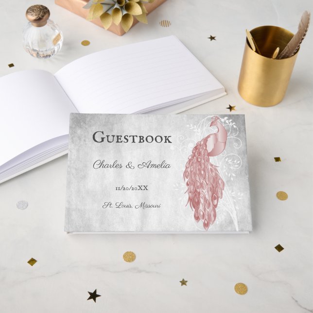 D'or Livre d'invité Mariage Pink Peacock (Recto ouvert)