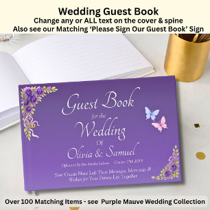 D'or Livre d'invité mariage Purple Mauve Fleurs & Blanc