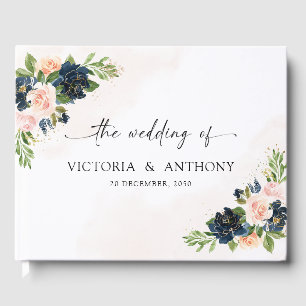 D'or Livre d'invité Marine & Blush Pink Floral Mariage
