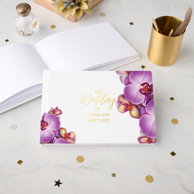D'or Livre d'invité moderne Mariage orchidée Foil (Recto ouvert)