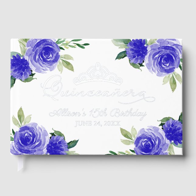 D'or Livre d'invité Quinceanera Floral bleu foncé (Recto)