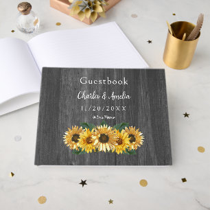 D'or Livre d'invité Rustic Patiné Mariage Sunflower