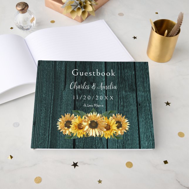 D'or Livre d'invité Rustic Turquoise Mariage Sunflower (Recto ouvert)