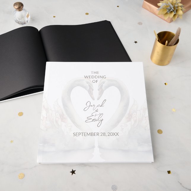 D'or Livre d'invité sur le Mariage de cygne personnalis (Recto ouvert)