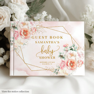 D'or Livre d'invités baby shower rose vif et or fleuri
