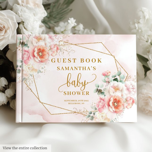 D'or Livre d'invités baby shower rose vif et or fleuri (Baby shower blush pink and gold floral guest book)