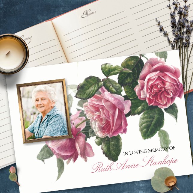 D'or Livre d'invités funéraires | Antique Rose de thé (funeral guest books, sympathy, celebration of life, in loving memory, memorial service, remembrance,)