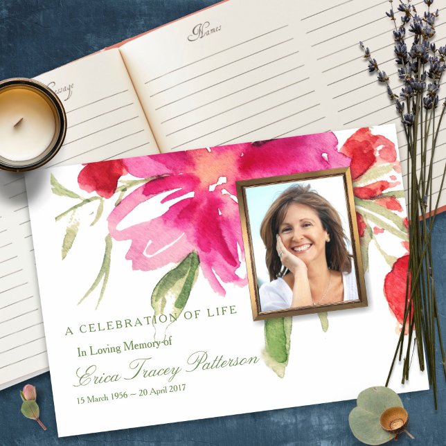 D'or Livre d'invités funéraires | Florales et photo (funeral guest books, sympathy, celebration of life, in loving memory, memorial service, remembrance,)
