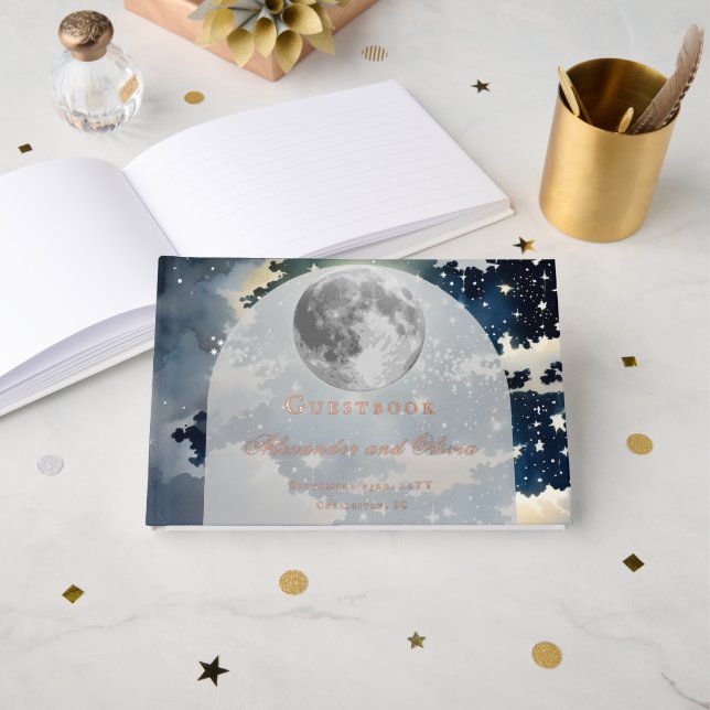 D'or Livre d'invités Lunn Night Sky Mariage Foil (Recto ouvert)