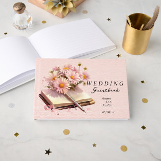 D'or Marguerites roses sur un livre ouvert de mariage