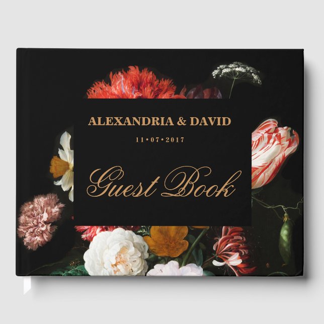 D'or Mariage Livre d'hôtes Dark Black Red Floral (Recto)
