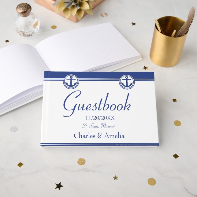 D'or Marine Bleu Ancre nautique Jour de mariage Livre d (Recto ouvert)