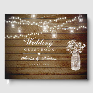 D'or Mason Jar Rustic Wood Mariage Livre d'invité