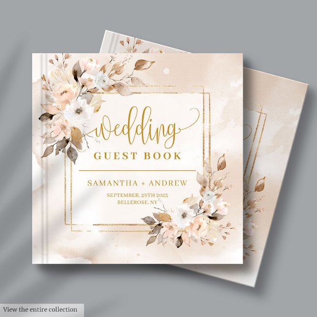 D'or Neutre Automne Boho Floral Gold Mariage livre d'hô (Neutral Autumn Boho Floral Gold Wedding Guest Book)