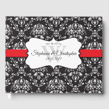 Noir Blanc Damask Red Stripe Mariage Livre d'invit