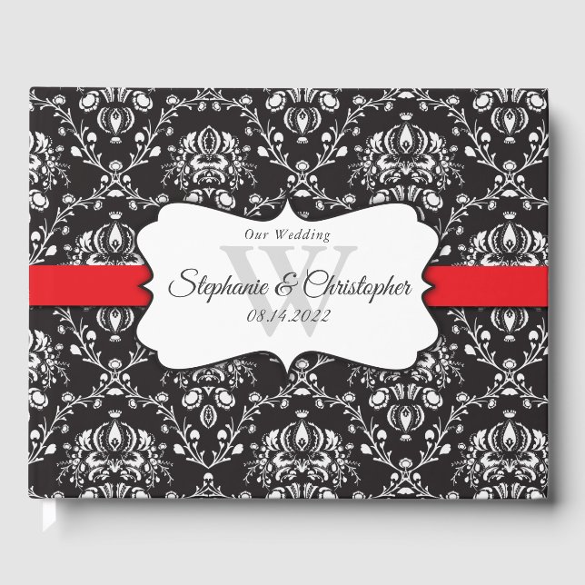 D'or Noir Blanc Damask Red Stripe Mariage Livre d'invit (Recto)