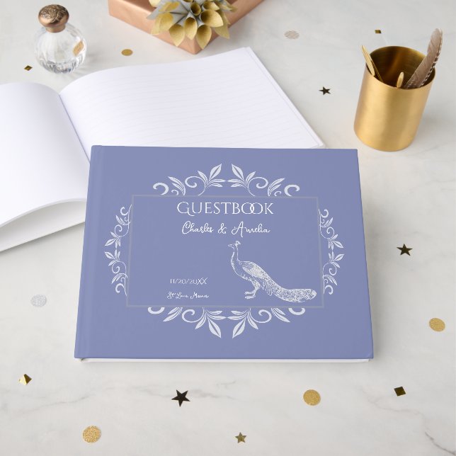 D'or Periwinkle Peacock Flourd Mariage livre d'invité (Recto ouvert)