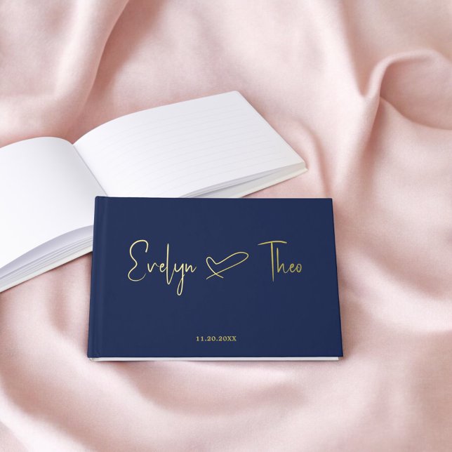 D'or Photo Élégant Script Heart Blue Mariage Livre d'in (Créateur téléchargé)