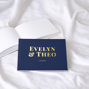D'or Photo Elegant Simple Blue Mariage Livre d'invité
