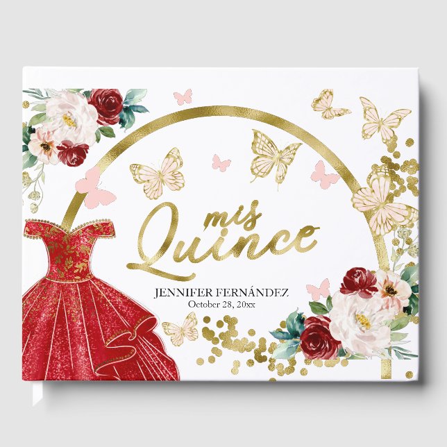 D'or Quinceanera Livre d'hôtes Papillon Robe rouge (Recto)