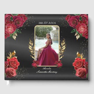 D'or Quinceañera livre d'hôtes Roses rouges Arrière - p